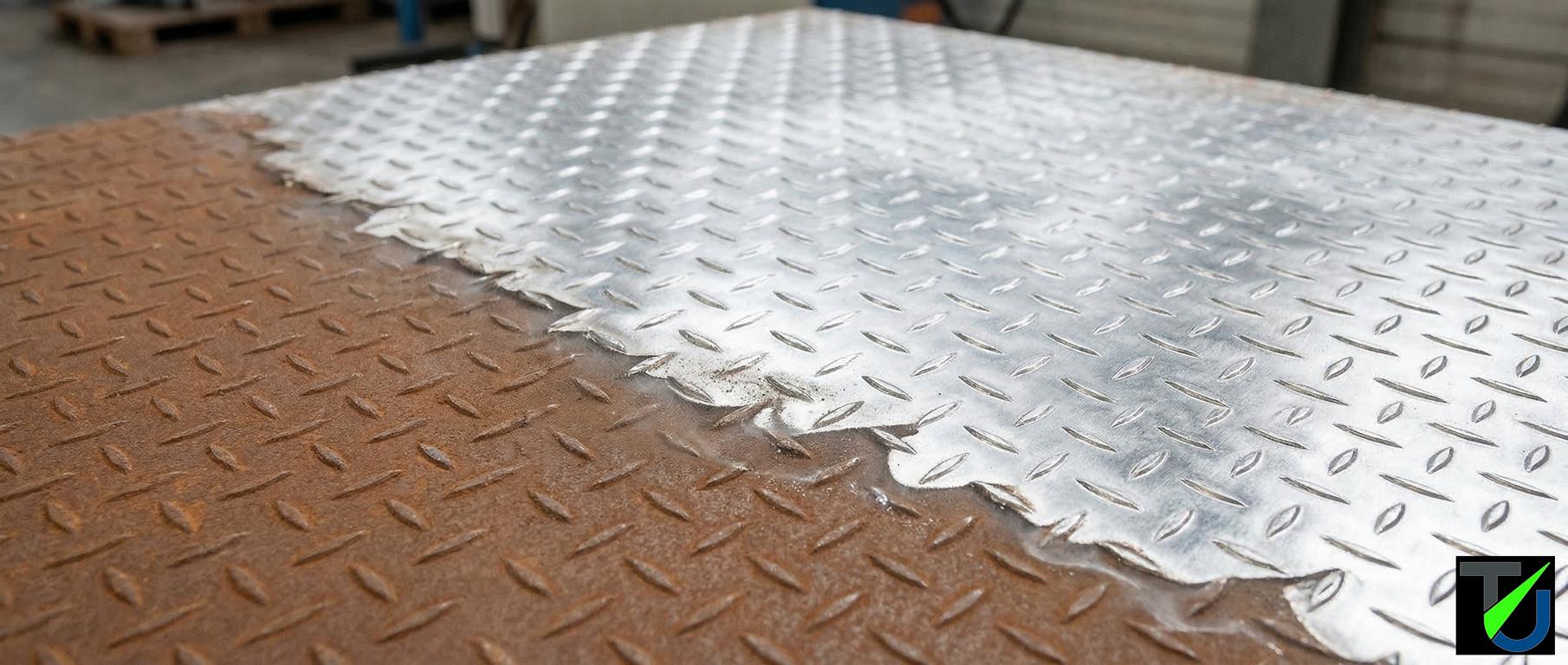 Metallplatte mit Rost und gereinigter Fläche – Vorher/Nachher