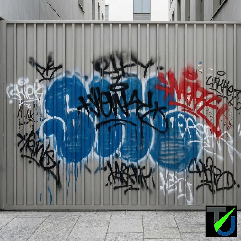 Graffiti auf Metalltor – vor der Reinigung